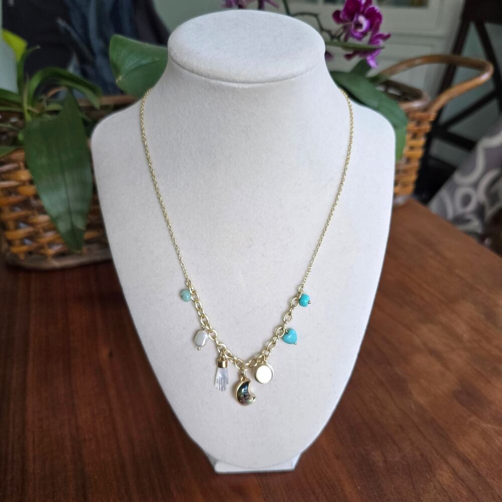 Lucky Brand Gold Tone Necklace Natural Materials Rose Moon Pearl Boho Chic Gypsy